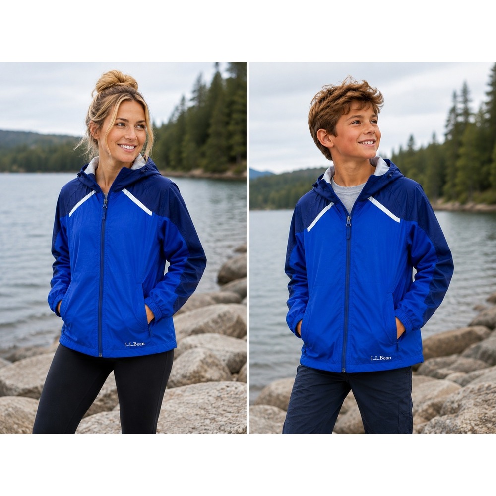 L.L.Bean Rain Jacket Kids M 10-12 Women XXS XS Blue Hooded Windbreaker